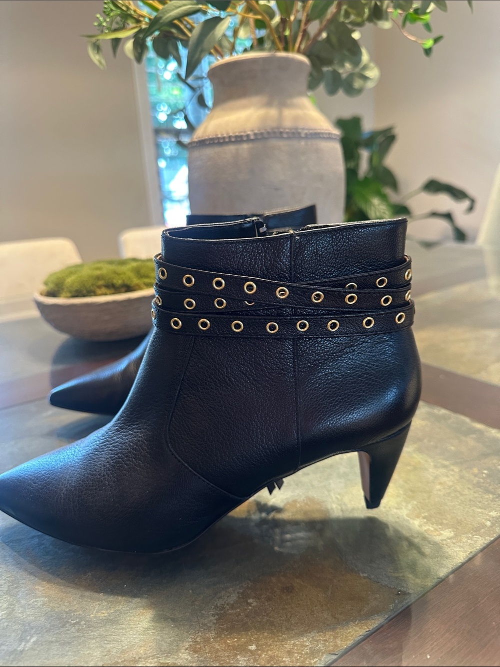 G.I.L.I. Black Pointed Toe Ankle Boots with Gold Grommet Strap Detail